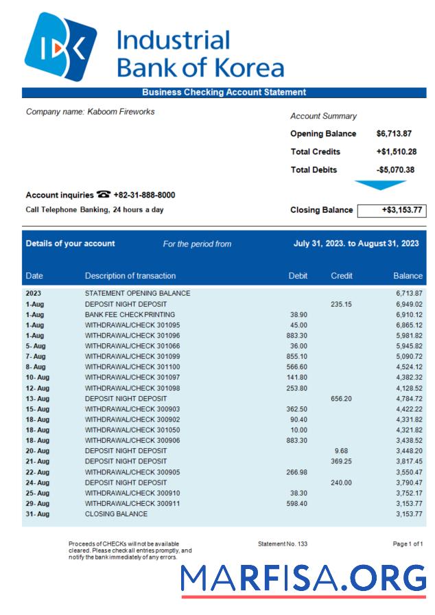 Printable Industrial Bank of Korea business statement Word and PDF template